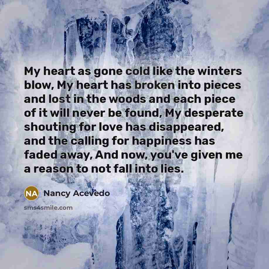 “My heart as gone cold like the winters blow, My heart has broken into pieces and lost in the woods and each piece of it will never be found, My desperate shouting for love has disappeared, and the calling for happiness has faded away, And now, you've given me a reason to not fall into lies.” quote by Nancy Acevedo