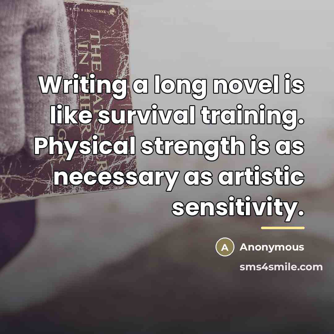 “Writing a long novel is like survival training. Physical strength…” quote by Anonymous