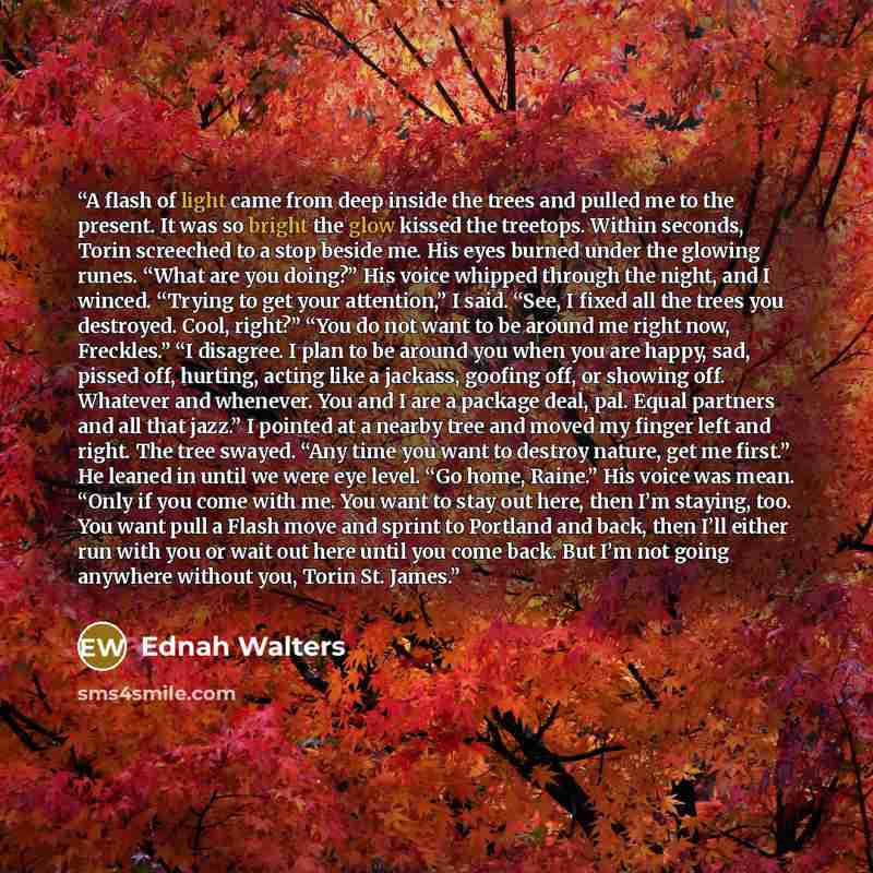 “A flash of light came from deep inside the trees and pulled me to the present. It was so bright the glow kissed the treetops. Within seconds, Torin screeched to a stop beside me. His eyes burned under the glowing runes. “What are you doing?” His voice whipped through the night, and I winced…” quote by Ednah Walters