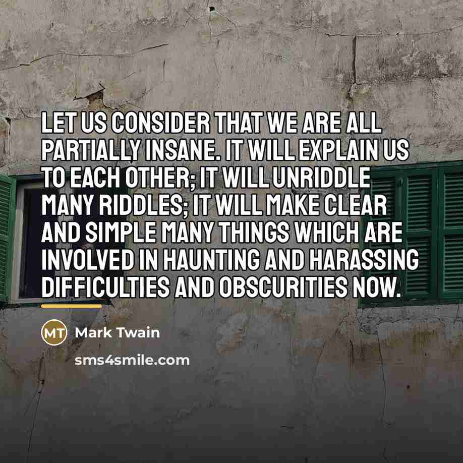 “Let us consider that we are all partially insane. It…” quote by Mark Twain