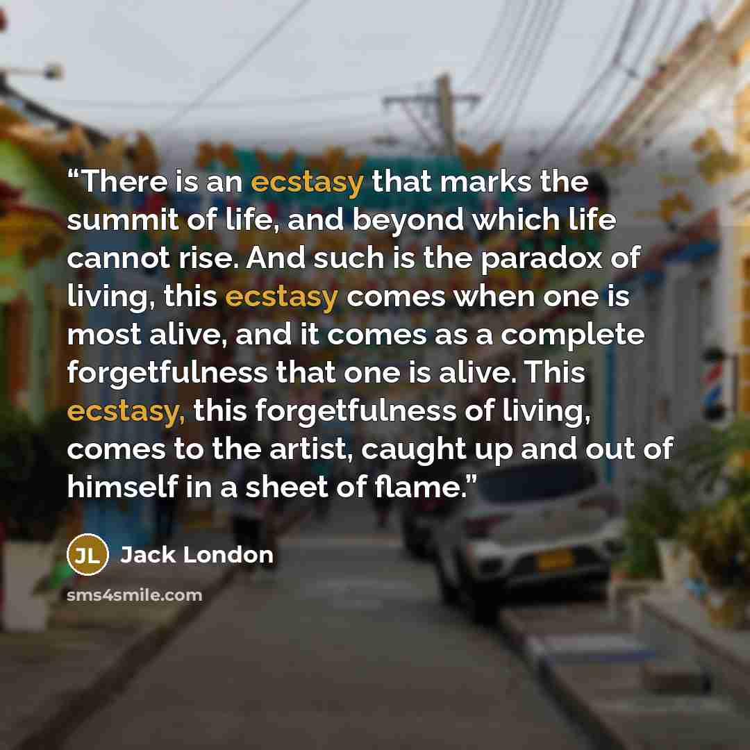 “There is an ecstasy that marks the summit of life, and beyond which life cannot rise. And such is the paradox of living, this ecstasy comes when one is most alive, and it comes as a complete forgetfulness that one is alive. This ecstasy, this forgetfulness of living, comes to the artist, caught up…” quote by Jack London
