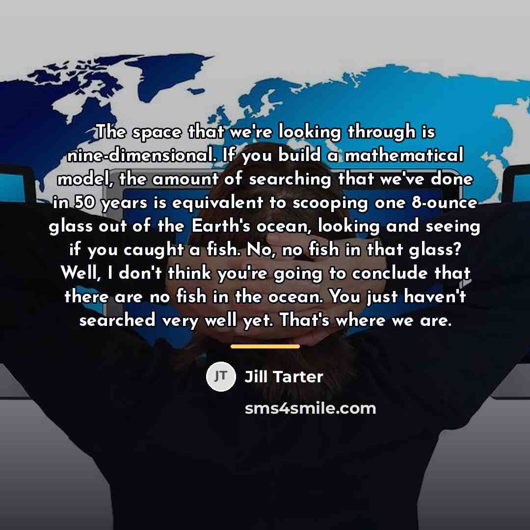 “The space that we're looking through is nine-dimensional. If you…” quote by Jill Tarter