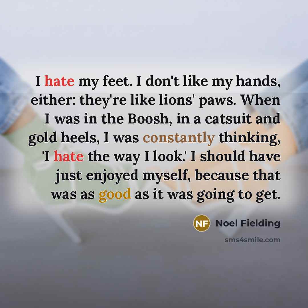 “I hate my feet. I don't like my hands, either: they're like lions' paws. When I was in the Boosh, in a catsuit and gold heels, I was constantly thinking, 'I hate the way I look.' I should have just enjoyed myself, because that was as good as it was going to get.” quote by Noel Fielding
