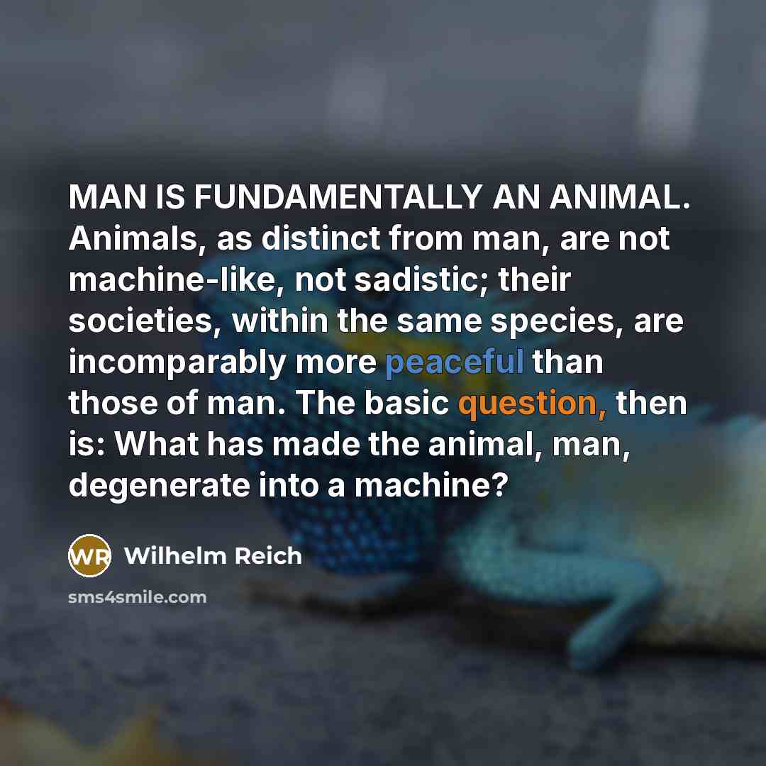“MAN IS FUNDAMENTALLY AN ANIMAL. Animals, as distinct from man,…” quote by Wilhelm Reich
