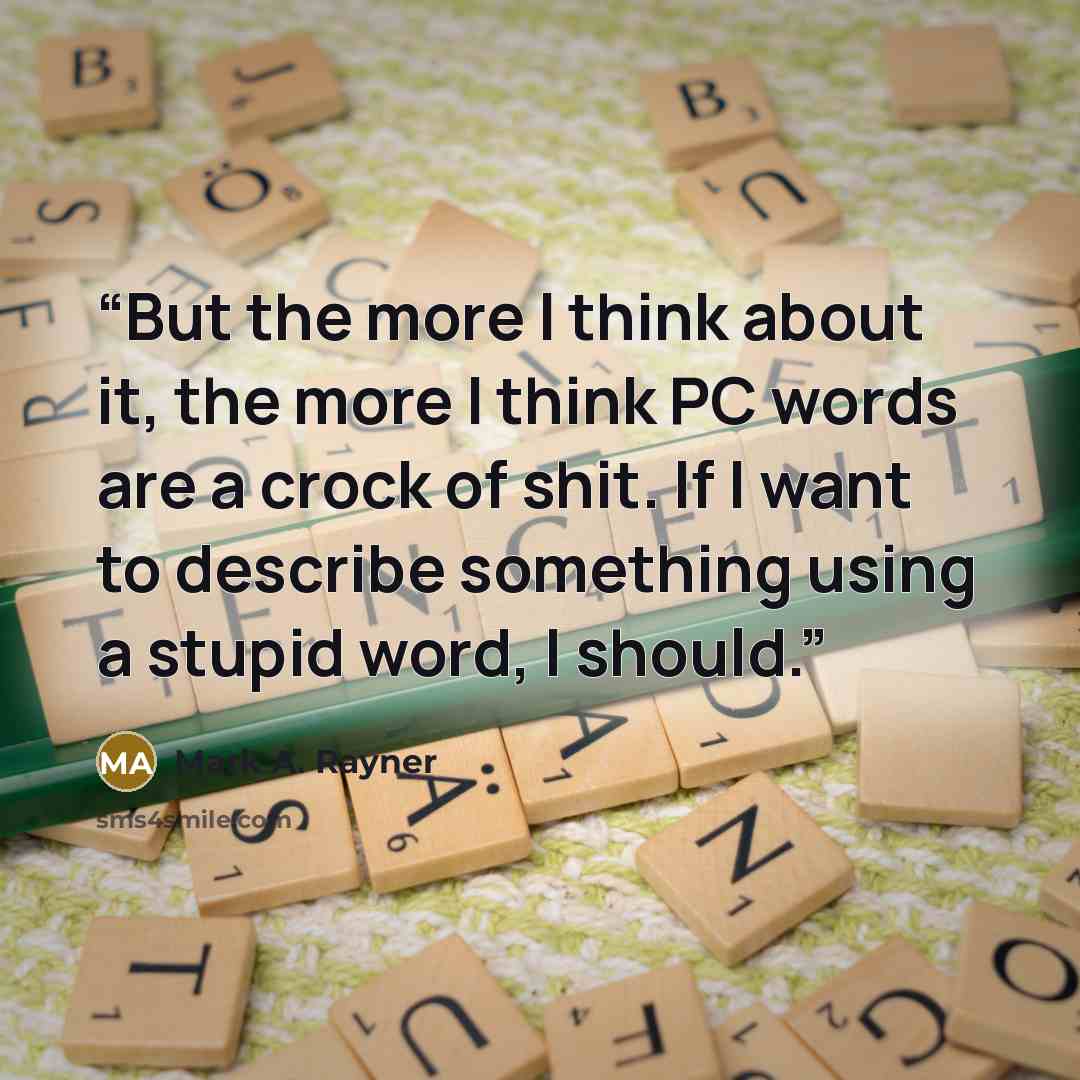 “But the more I think about it, the more I think PC words are a crock of shit. If I want to describe something using a stupid word, I should.” quote by Mark A. Rayner