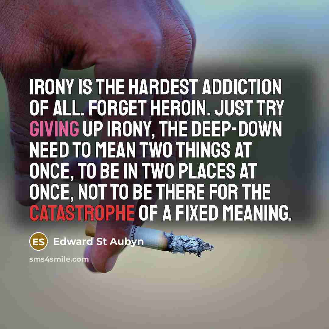 “Irony is the hardest addiction of all. Forget heroin. Just…” quote by Edward St Aubyn