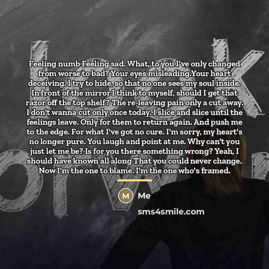 “Feeling numb Feeling sad. What, to you I've only changed…” quote by Me