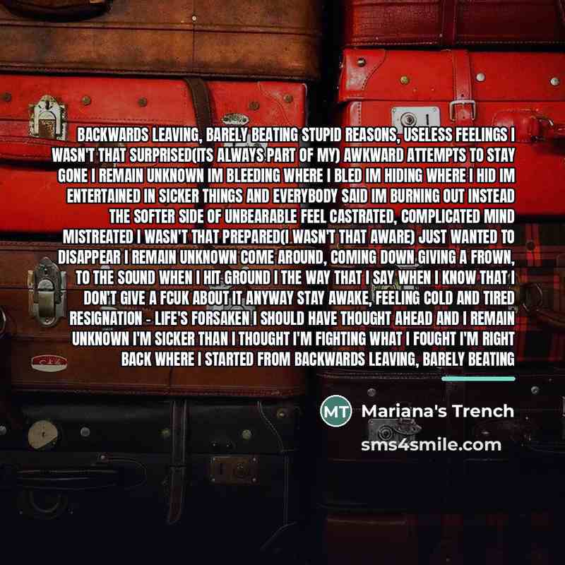 “Backwards leaving, Barely beating Stupid reasons, useless feelings I wasn't…” quote by Mariana's Trench
