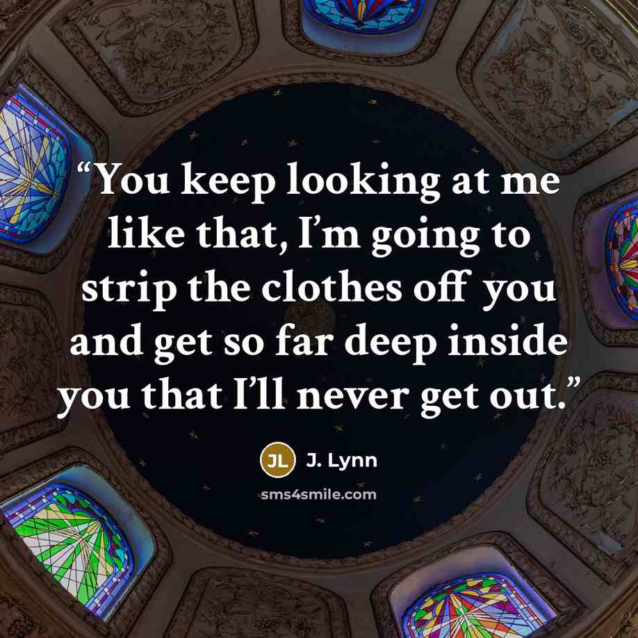 “You keep looking at me like that, I’m going to strip the clothes off you and get so far deep inside you that I’ll never get out.” quote by J. Lynn