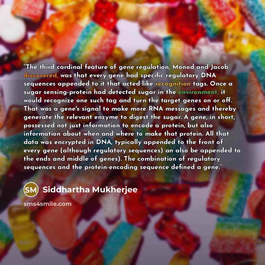 “The third cardinal feature of gene regulation, Monod and Jacob discovered, was that every gene had specific regulatory DNA sequences appended to it that acted like recognition tags. Once a sugar sensing-protein had detected sugar in the environment, it would recognize one such tag and turn the…” quote by Siddhartha Mukherjee