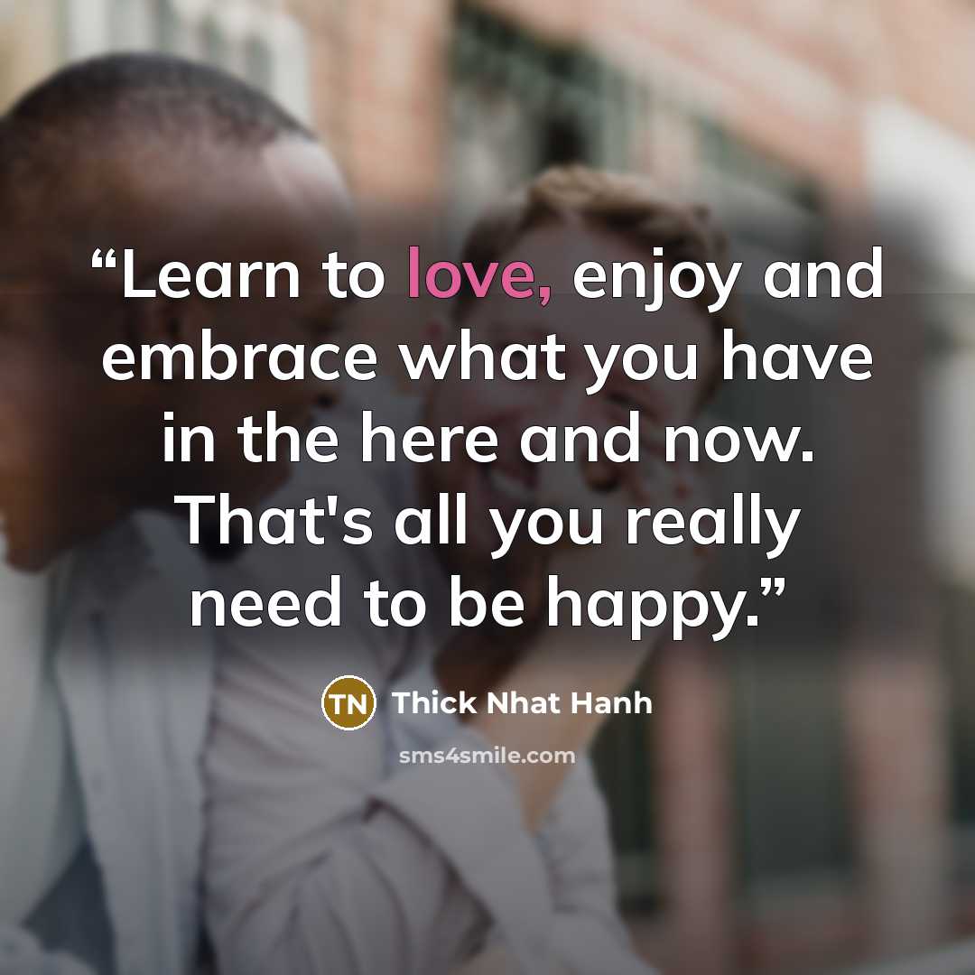 “Learn to love, enjoy and embrace what you have in the here and now. That's all you really need to be happy.” quote by Thick Nhat Hanh