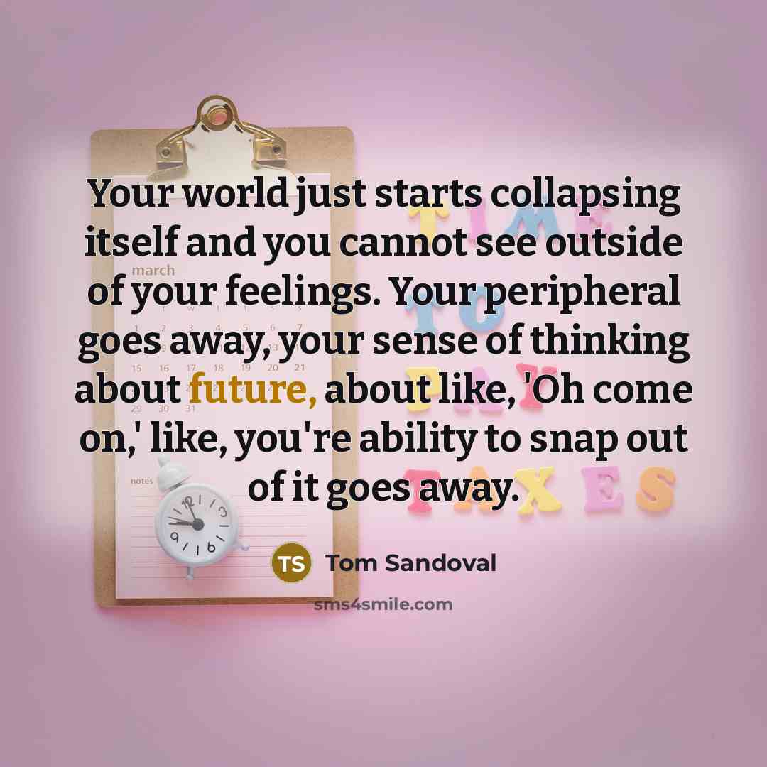 “Your world just starts collapsing itself and you cannot see outside of your feelings. Your peripheral goes away, your sense of thinking about future, about like, 'Oh come on,' like, you're ability to snap out of it goes away.” quote by Tom Sandoval