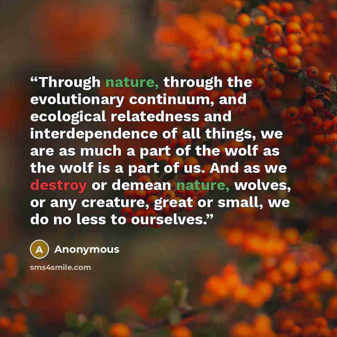 “Through nature, through the evolutionary continuum, and ecological relatedness and interdependence of all things, we are as much a part of the wolf as the wolf is a part of us. And as we destroy or demean nature, wolves, or any creature, great or small, we do no less to ourselves.” quote by Anonymous