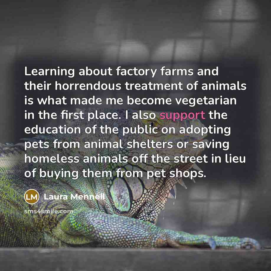 “Learning about factory farms and their horrendous treatment of animals…” quote by Laura Mennell