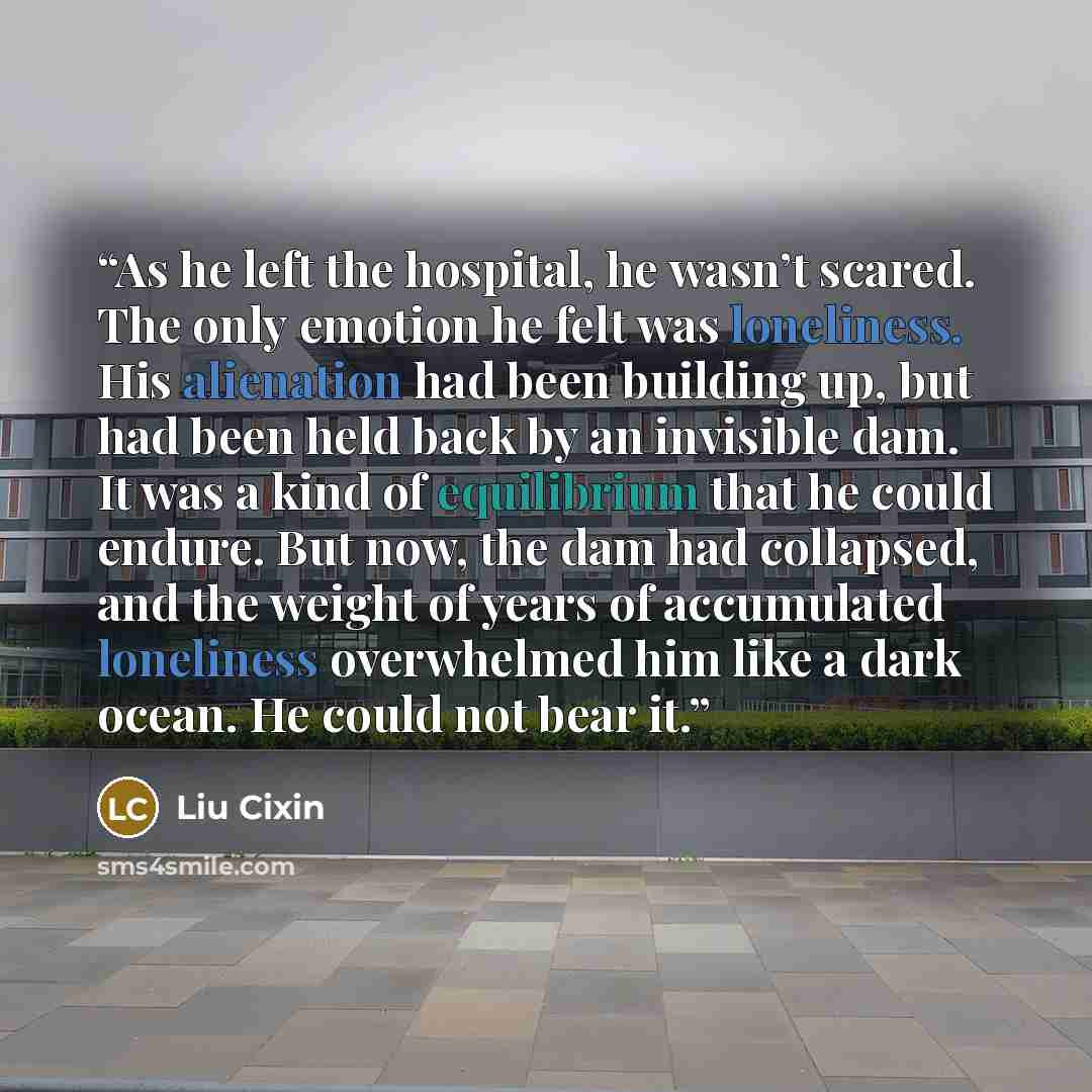 “As he left the hospital, he wasn’t scared. The only emotion he felt was loneliness. His alienation had been building up, but had been held back by an invisible dam. It was a kind of equilibrium that he could endure. But now, the dam had collapsed, and the weight of years of accumulated loneliness…” quote by Liu Cixin