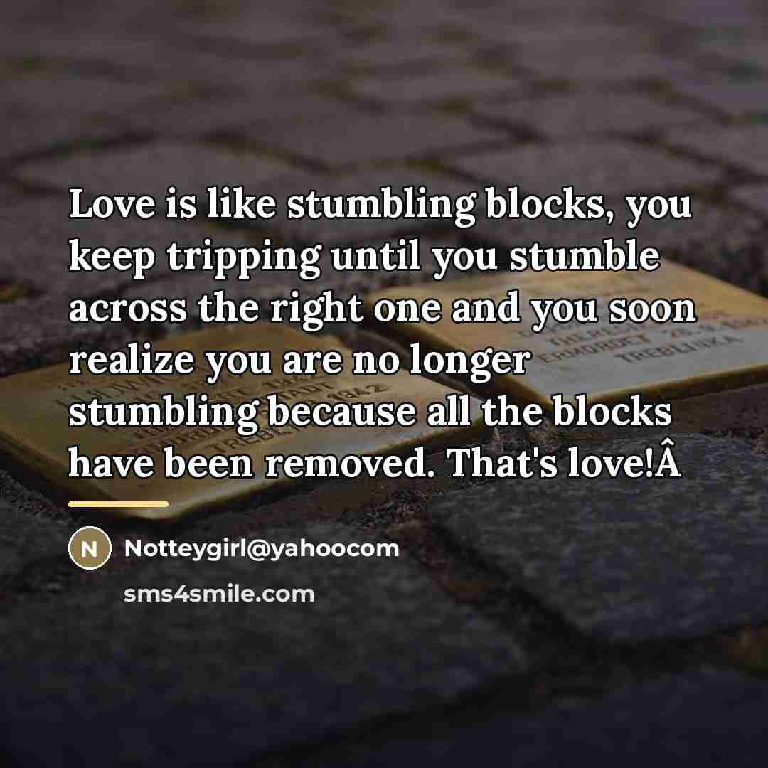 “Love is like stumbling blocks, you keep tripping until you…” quote by Notteygirl@yahoocom