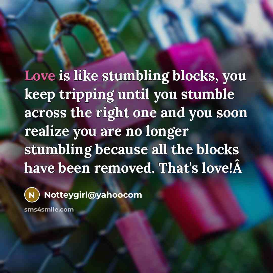 “Love is like stumbling blocks, you keep tripping until you stumble across the right one and you soon realize you are no longer stumbling because all the blocks have been removed. That's love!Â” quote by Notteygirl@yahoocom