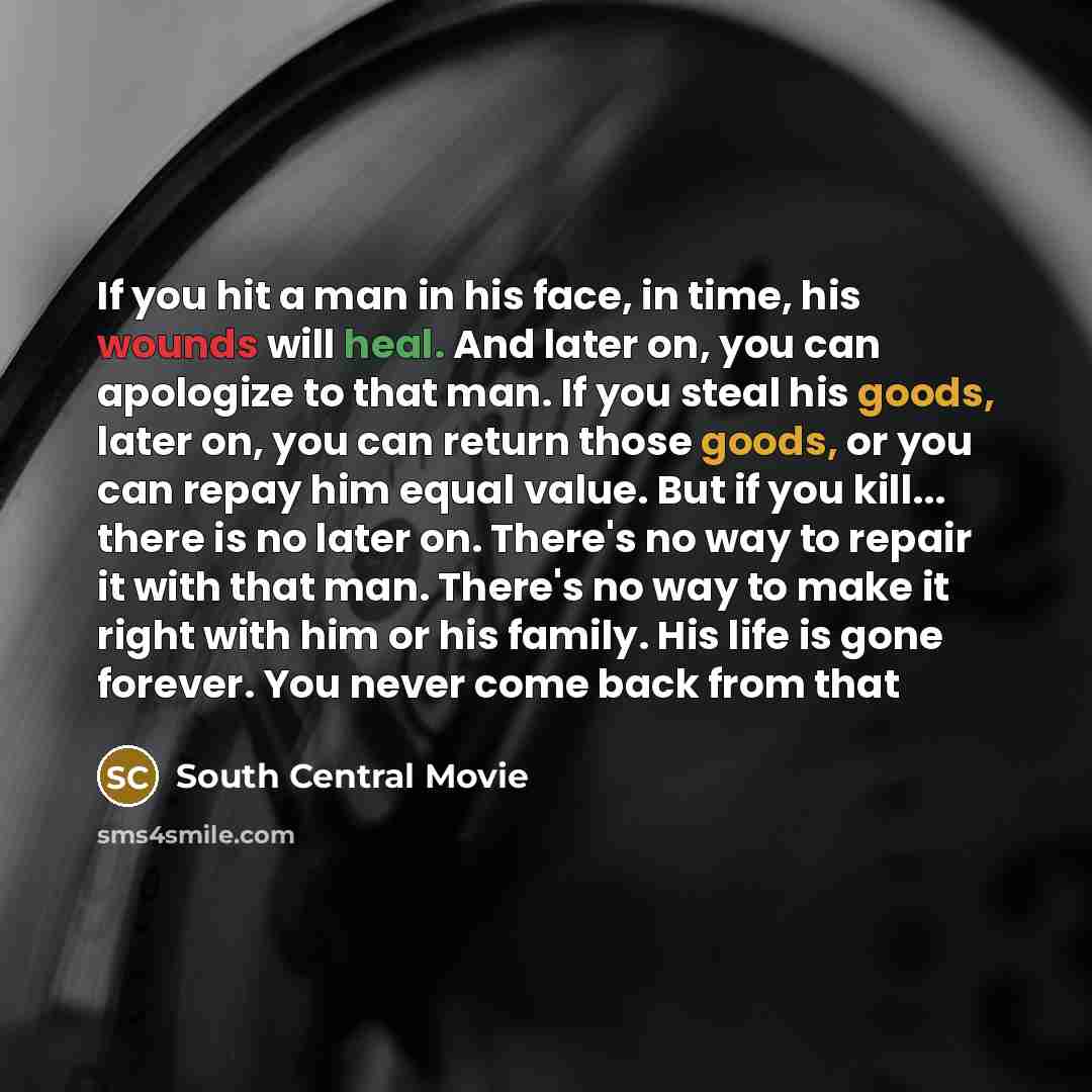 “If you hit a man in his face, in time, his wounds will heal. And later on, you can apologize to that man. If you steal his goods, later on, you can return those goods, or you can repay him equal value. But if you kill... there is no later on. There's no way to repair it with that man. There's no…” quote by South Central Movie