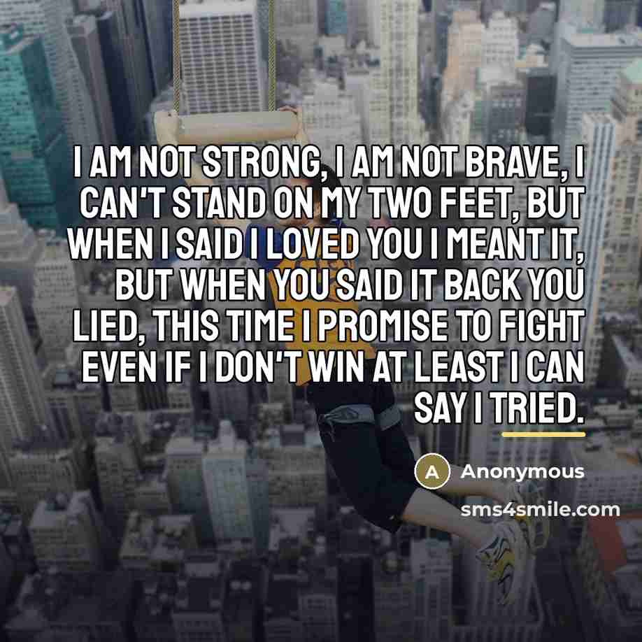 “I am not strong, I am not brave, I can't stand on my two feet, But when I said I loved you I meant it, But when you said it back you lied, This time I promise to fight even if I don't win at least I can say I tried.” quote by Anonymous