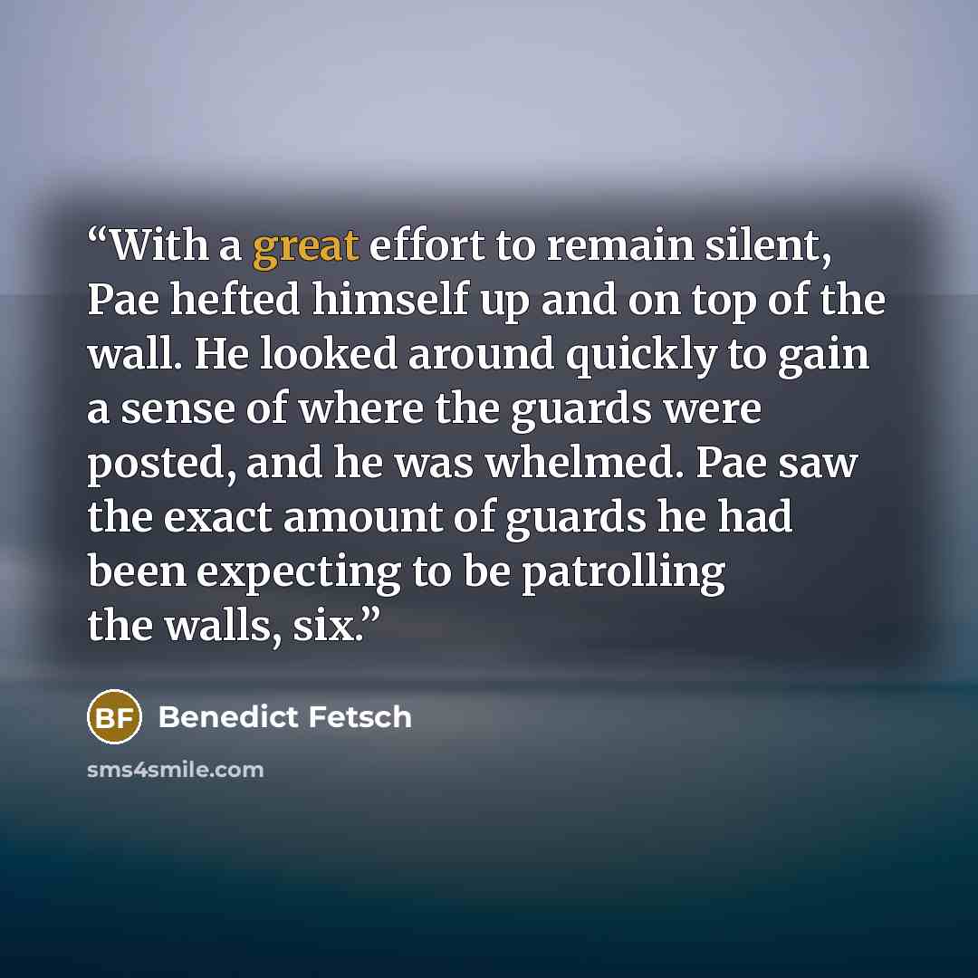 “With a great effort to remain silent, Pae hefted himself up and on top of the wall. He looked around quickly to gain a sense of where the guards were posted, and he was whelmed. Pae saw the exact amount of guards he had been expecting to be patrolling the walls, six.” quote by Benedict Fetsch