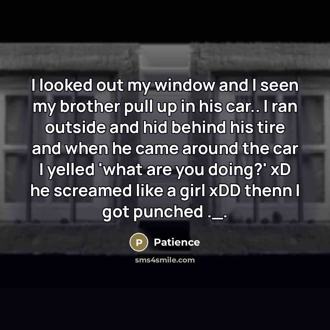 “I looked out my window and I seen my brother pull up in his car.. I ran outside and hid behind his tire and when he came around the car I yelled 'what are you doing?' xD he screamed like a girl xDD thenn I got punched ._.” quote by Patience