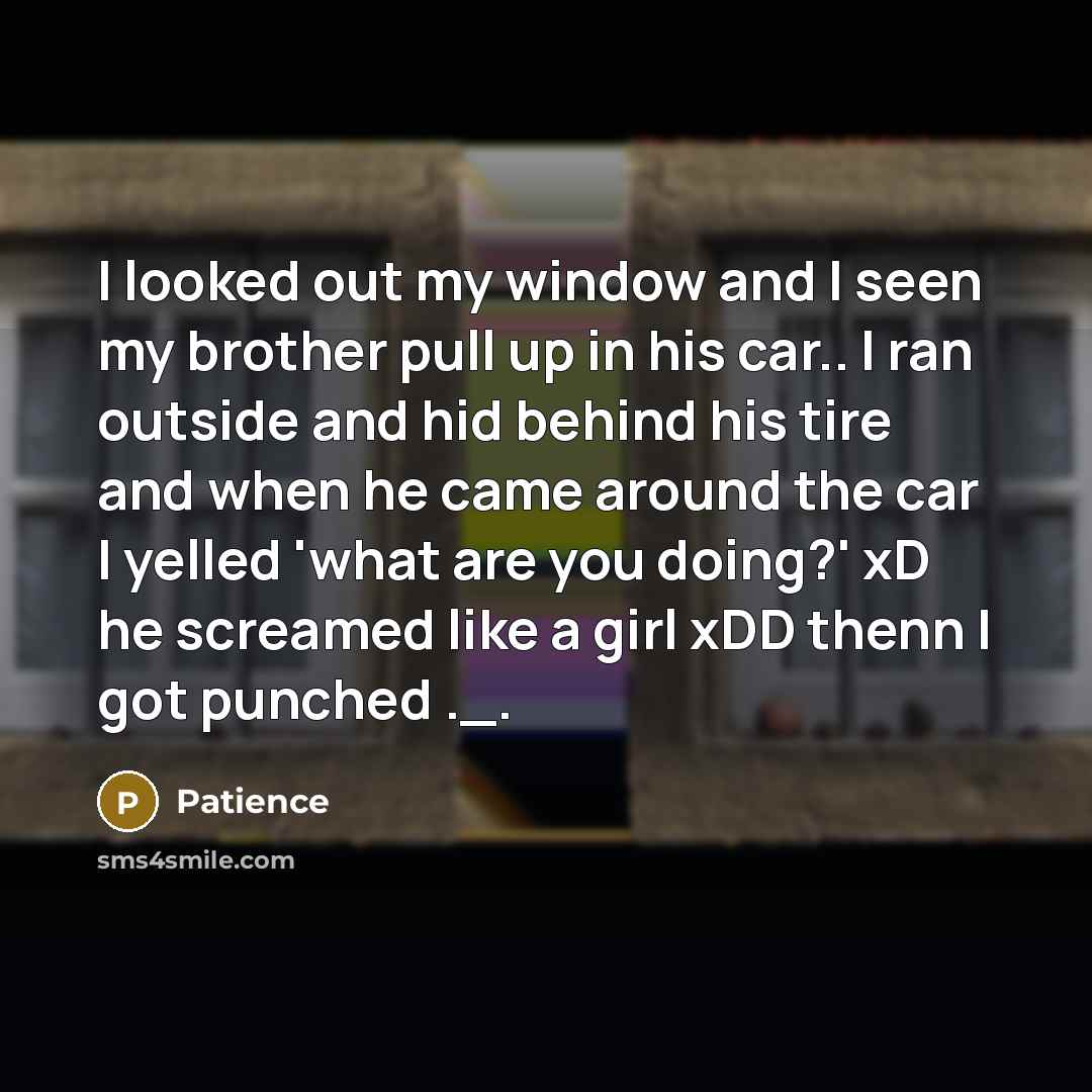 “I looked out my window and I seen my brother pull up in his car.. I ran outside and hid behind his tire and when he came around the car I yelled 'what are you doing?' xD he screamed like a girl xDD thenn I got punched ._.” quote by Patience