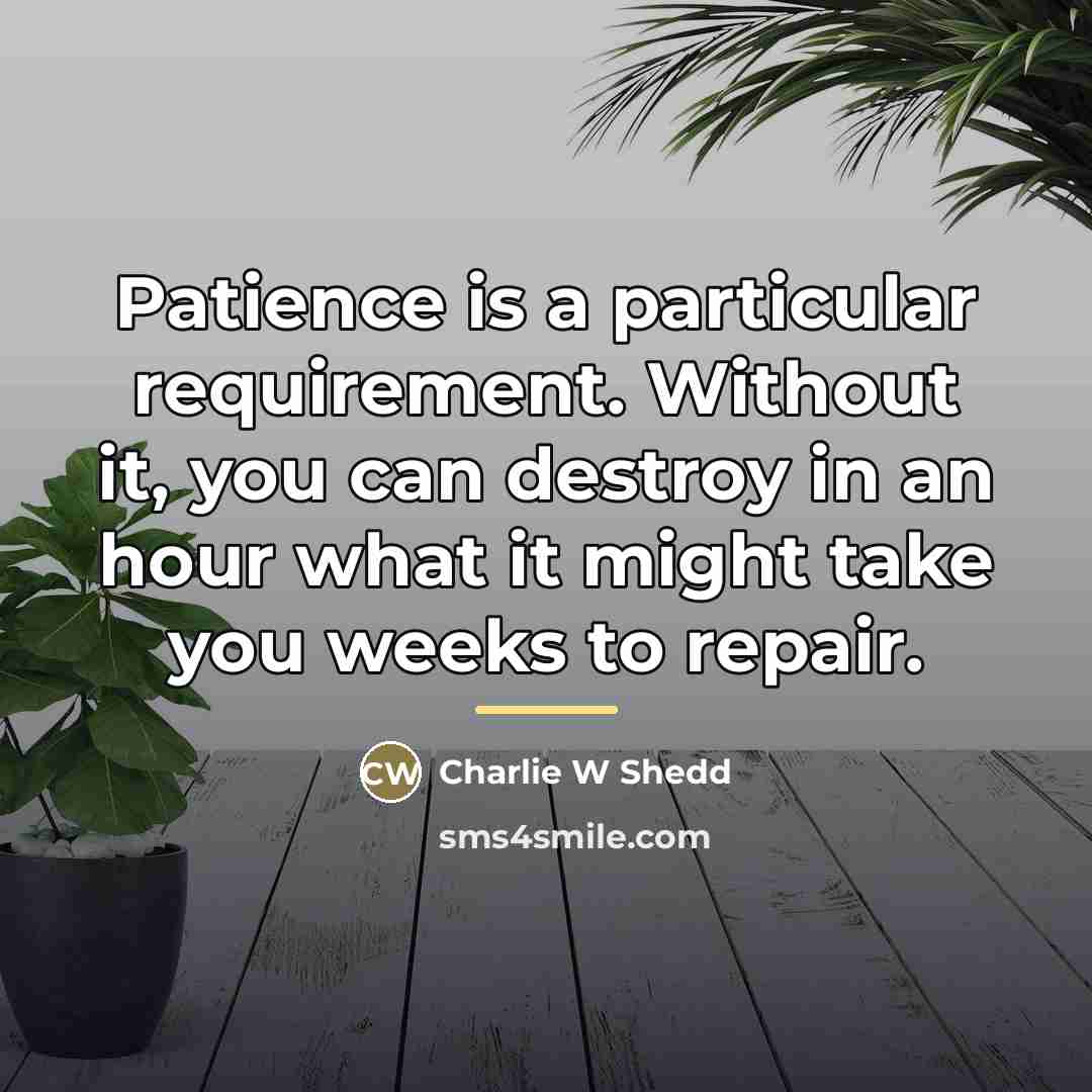“Patience is a particular requirement. Without it, you can destroy…” quote by Charlie W Shedd