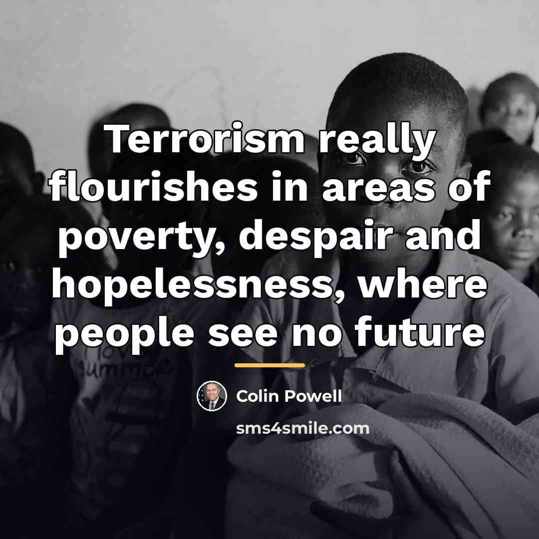 “Terrorism really flourishes in areas of poverty, despair and hopelessness,…” quote by Colin Powell