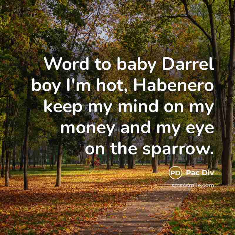 “Word to baby Darrel boy I'm hot, Habenero keep my mind on my money and my eye on the sparrow.” quote by Pac Div