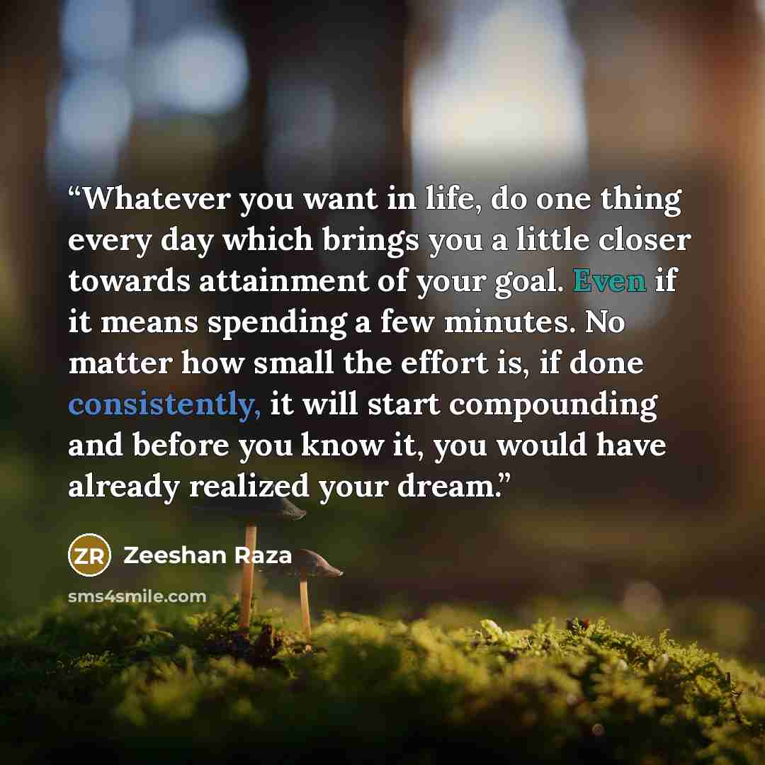 “Whatever you want in life, do one thing every day which brings you a little closer towards attainment of your goal. Even if it means spending a few minutes. No matter how small the effort is, if done consistently, it will start compounding and before you know it, you would have already realized…” quote by Zeeshan Raza