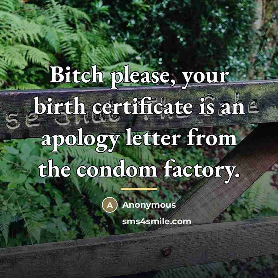 “Bitch please, your birth certificate is an apology letter from…” quote by Anonymous