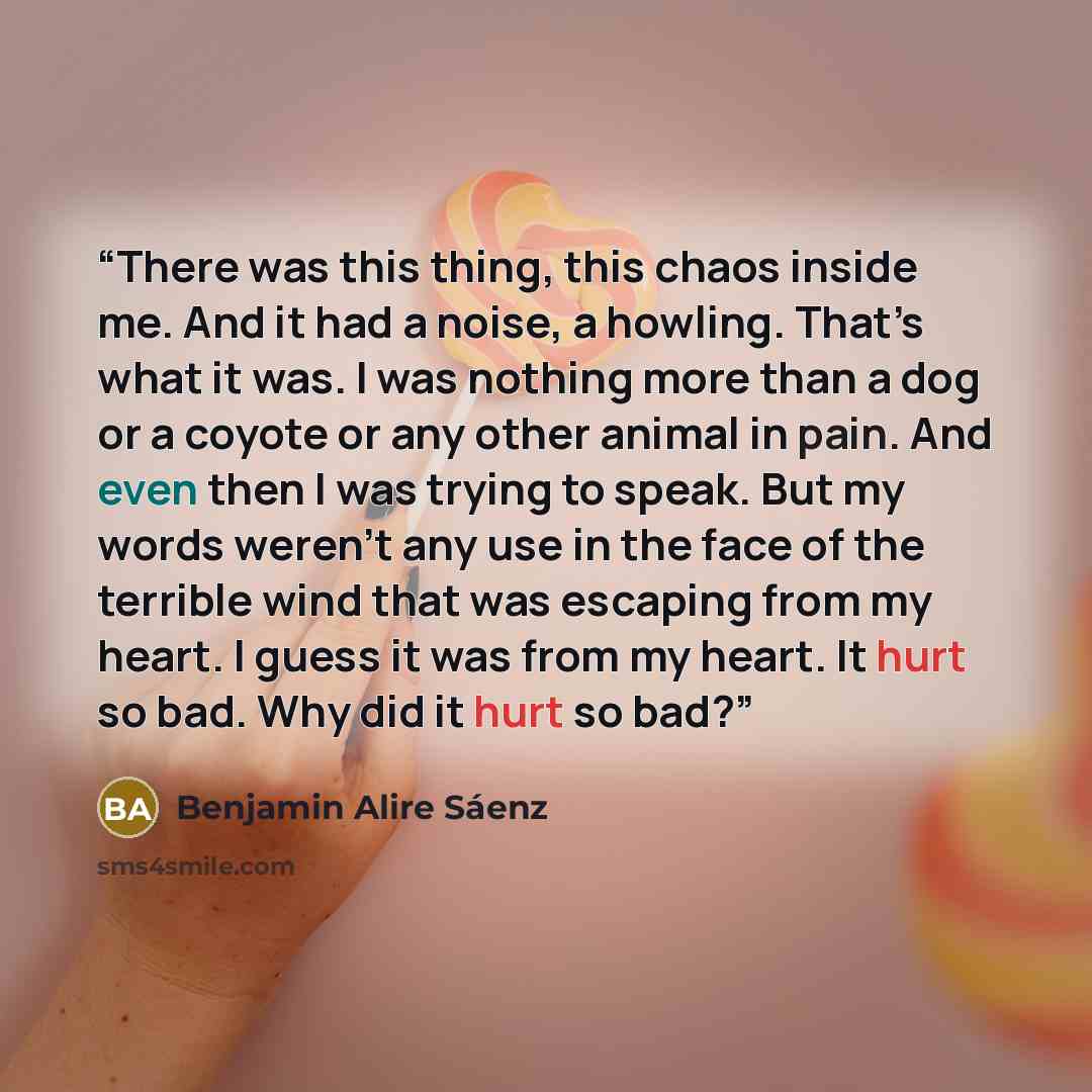 “There was this thing, this chaos inside me. And it had a noise, a howling. That’s what it was. I was nothing more than a dog or a coyote or any other animal in pain. And even then I was trying to speak. But my words weren’t any use in the face of the terrible wind that was escaping from my heart…” quote by Benjamin Alire Sáenz