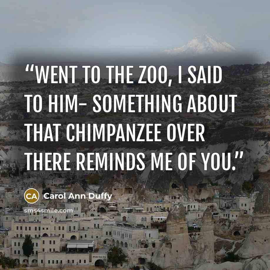 “Went to the Zoo, I said to Him- Something about that chimpanzee over there reminds me of you.” quote by Carol Ann Duffy