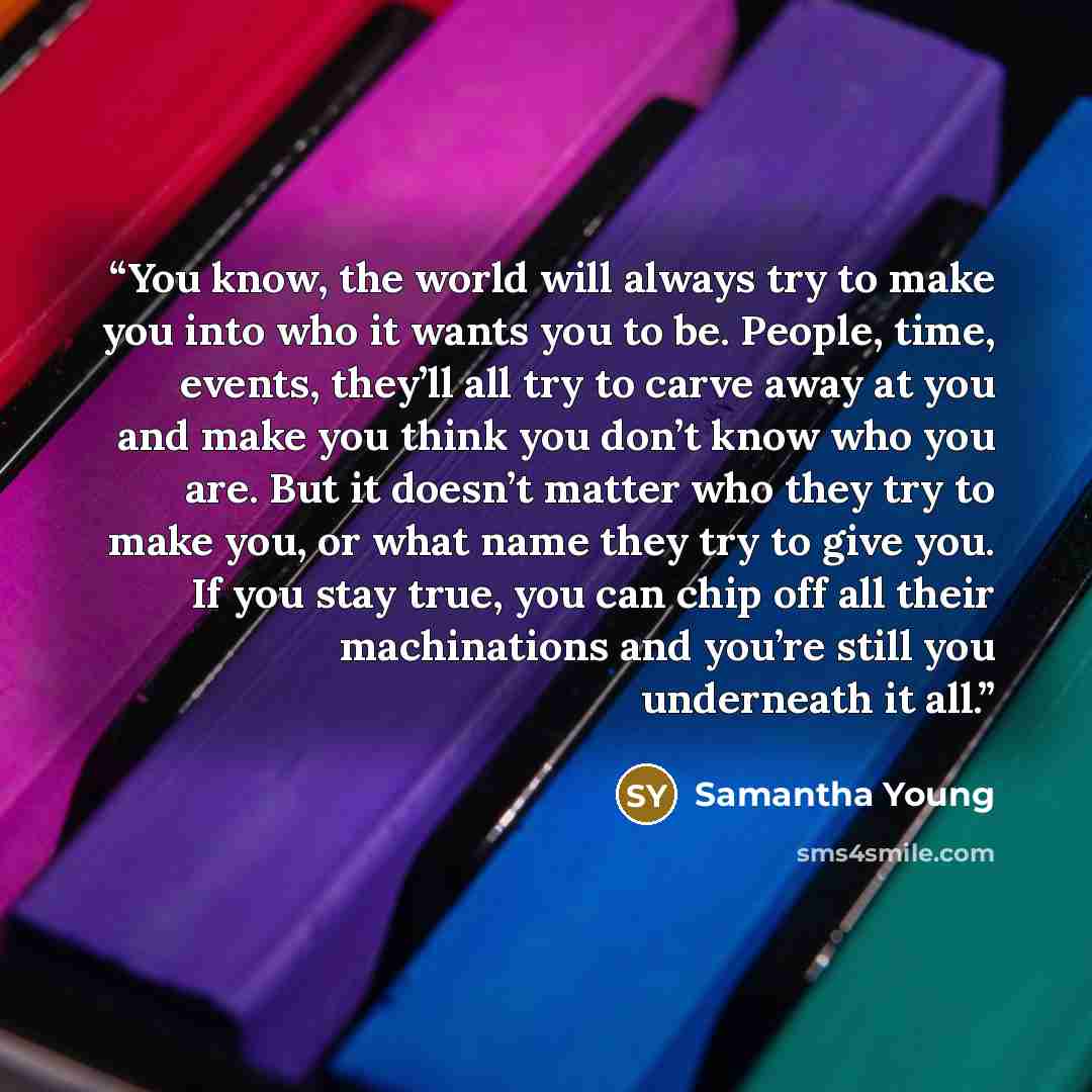 “You know, the world will always try to make you into who it wants you to be. People, time, events, they’ll all try to carve away at you and make you think you don’t know who you are. But it doesn’t matter who they try to make you, or what name they try to give you. If you stay true, you can chip…” quote by Samantha Young