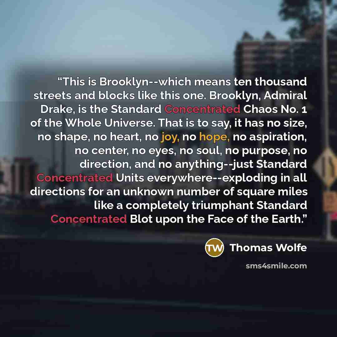 “This is Brooklyn--which means ten thousand streets and blocks like this one. Brooklyn, Admiral Drake, is the Standard Concentrated Chaos No. 1 of the Whole Universe. That is to say, it has no size, no shape, no heart, no joy, no hope, no aspiration, no center, no eyes, no soul, no purpose, no…” quote by Thomas Wolfe