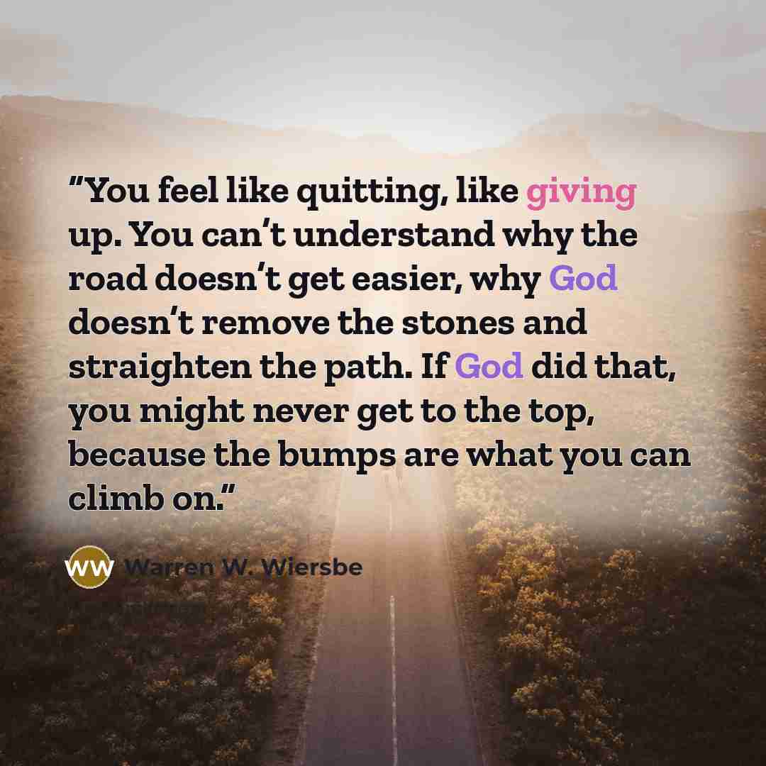 “You feel like quitting, like giving up. You can’t understand why the road doesn’t get easier, why God doesn’t remove the stones and straighten the path. If God did that, you might never get to the top, because the bumps are what you can climb on.” quote by Warren W. Wiersbe