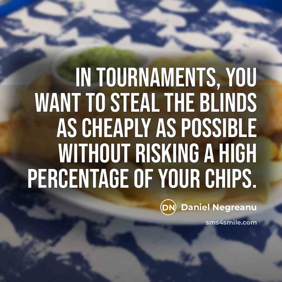 “In tournaments, you want to steal the blinds as cheaply as possible without risking a high percentage of your chips.” quote by Daniel Negreanu
