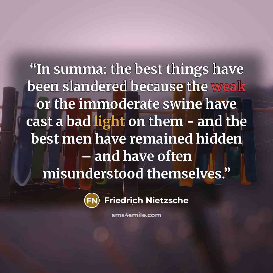 “In summa: the best things have been slandered because the weak or the immoderate swine have cast a bad light on them - and the best men have remained hidden – and have often misunderstood themselves.” quote by Friedrich Nietzsche