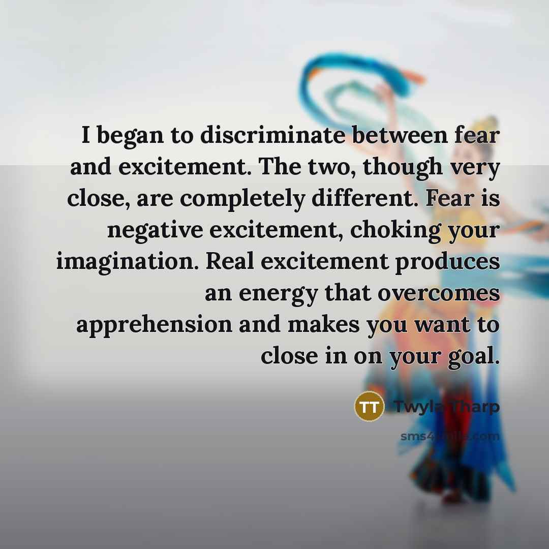 “I began to discriminate between fear and excitement. The two,…” quote by Twyla Tharp