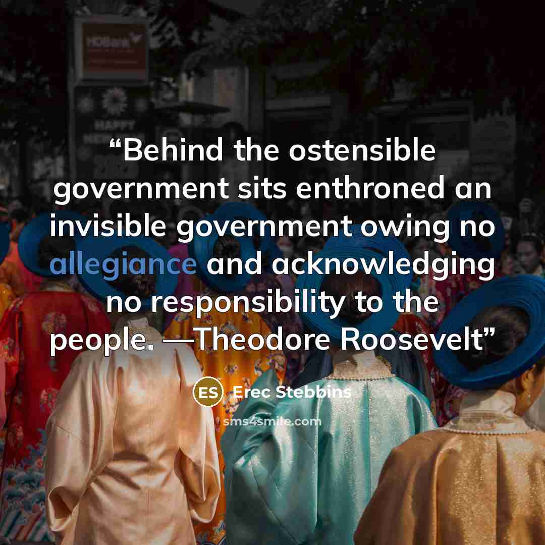 “Behind the ostensible government sits enthroned an invisible government owing no allegiance and acknowledging no responsibility to the people. —Theodore Roosevelt” quote by Erec Stebbins