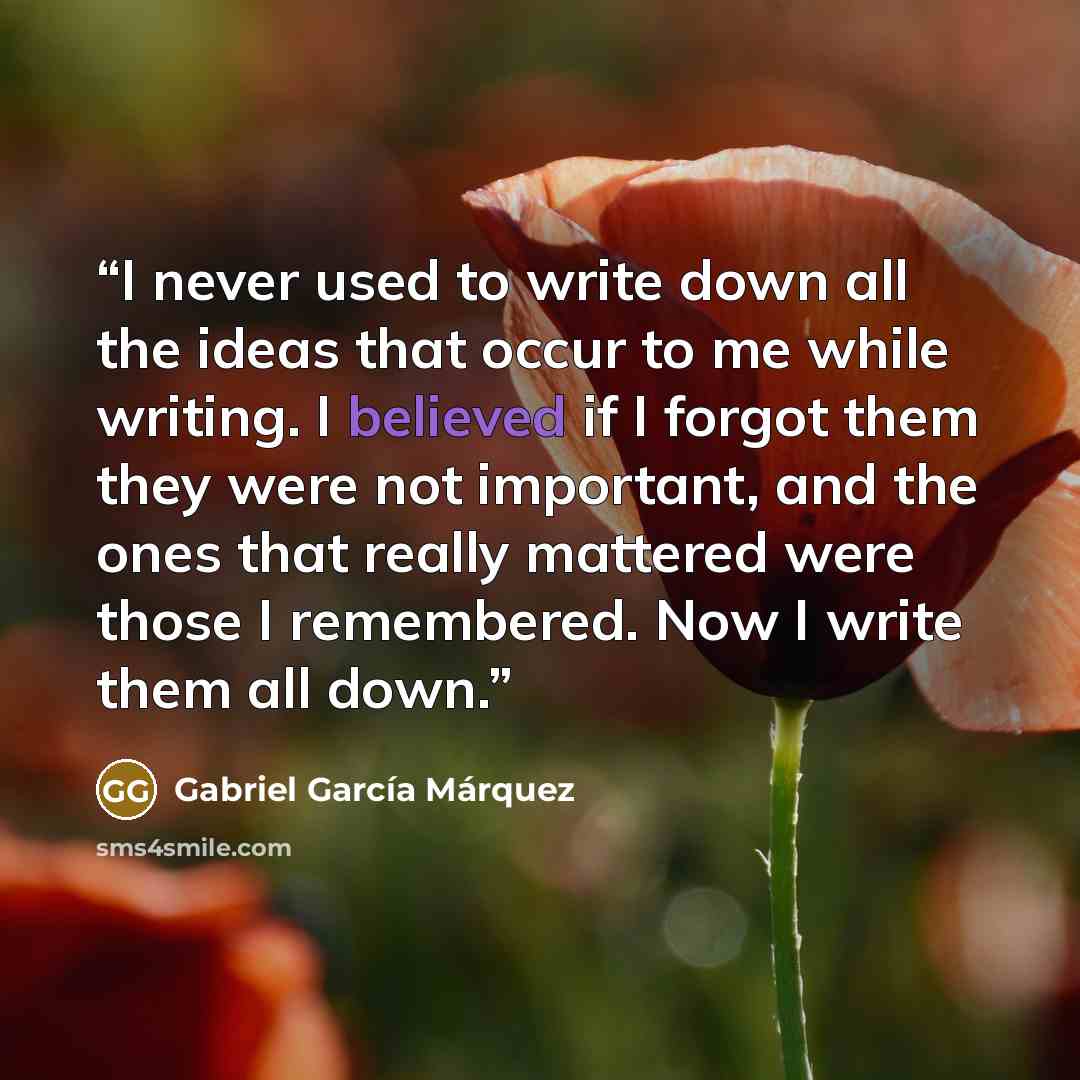 “I never used to write down all the ideas that occur to me while writing. I believed if I forgot them they were not important, and the ones that really mattered were those I remembered. Now I write them all down.” quote by Gabriel García Márquez