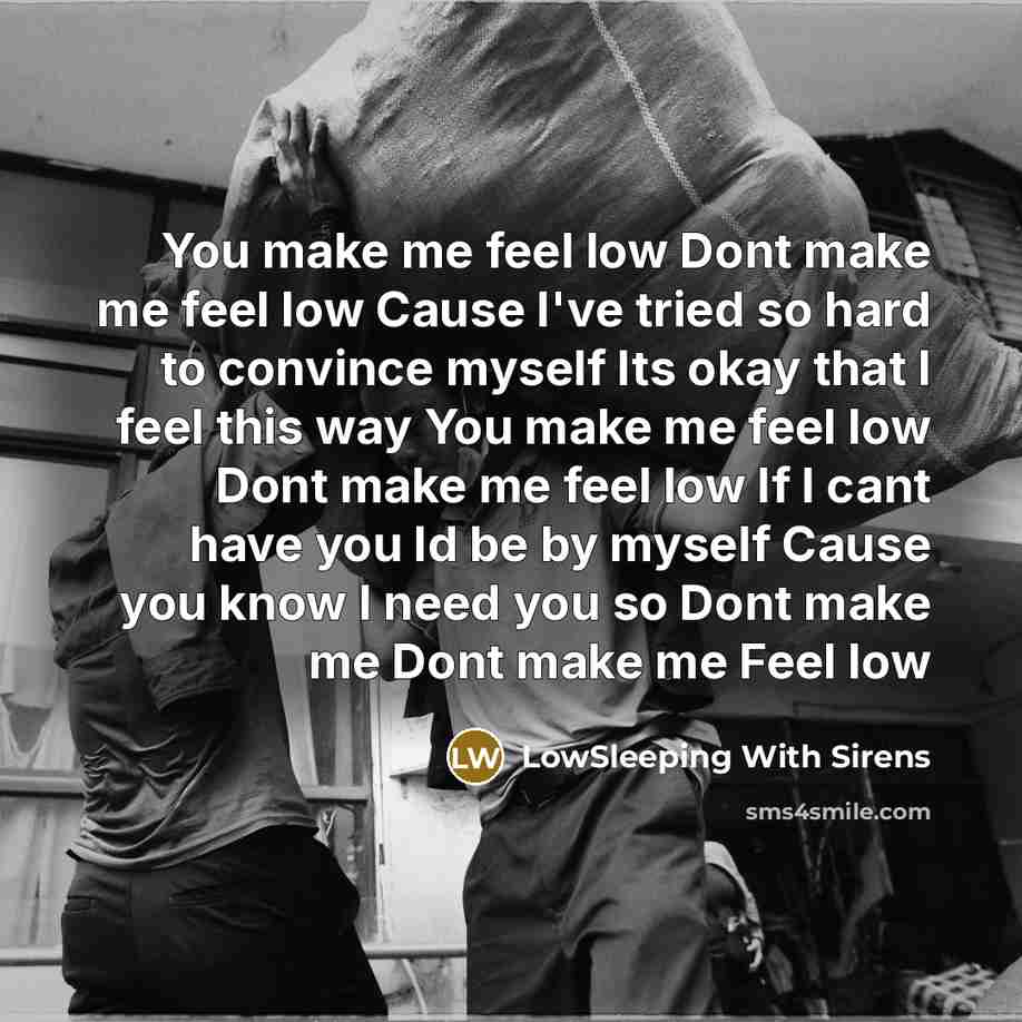 “You make me feel low Dont make me feel low Cause I've tried so hard to convince myself Its okay that I feel this way You make me feel low Dont make me feel low If I cant have you Id be by myself Cause you know I need you so Dont make me Dont make me Feel low” quote by LowSleeping With Sirens