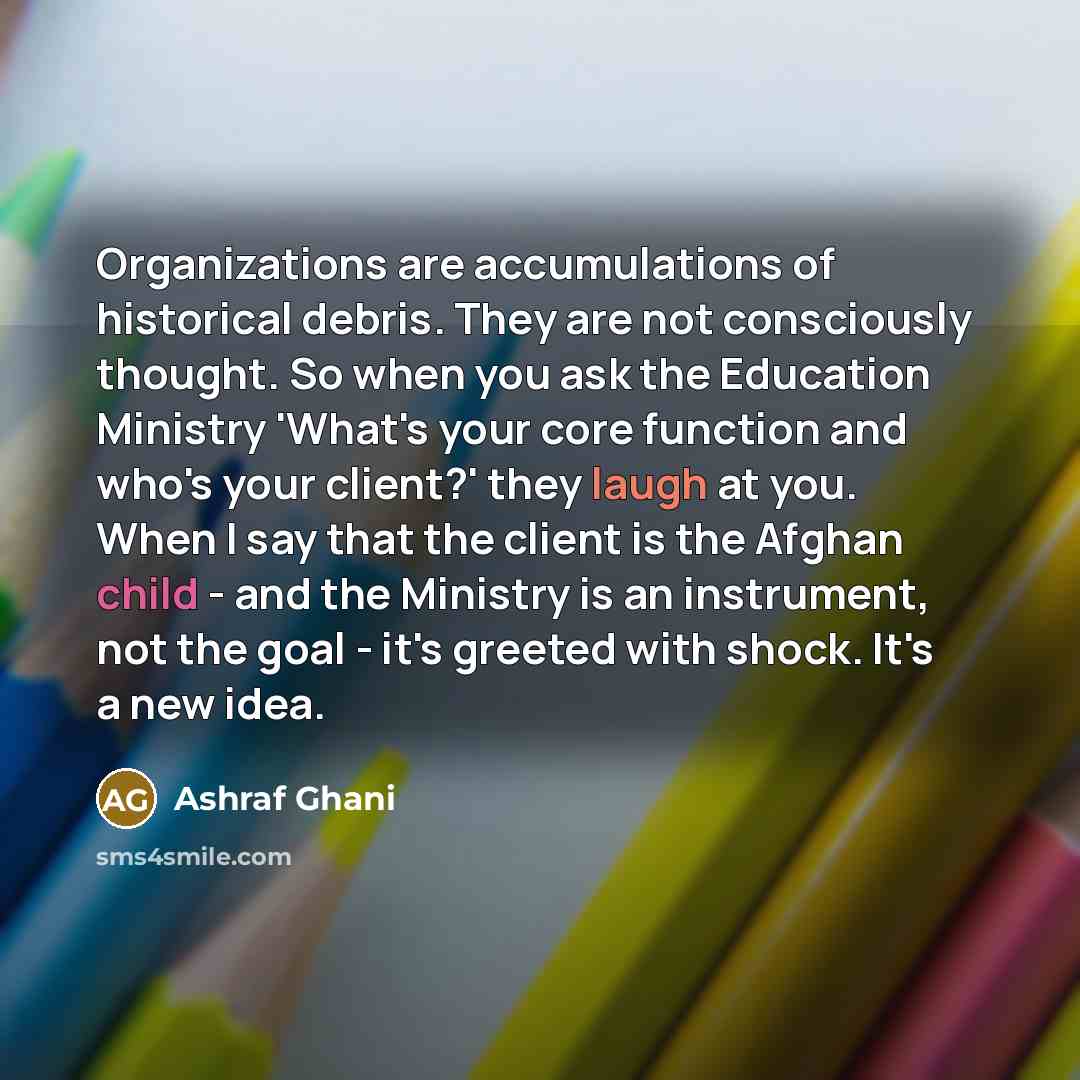 “Organizations are accumulations of historical debris. They are not consciously…” quote by Ashraf Ghani