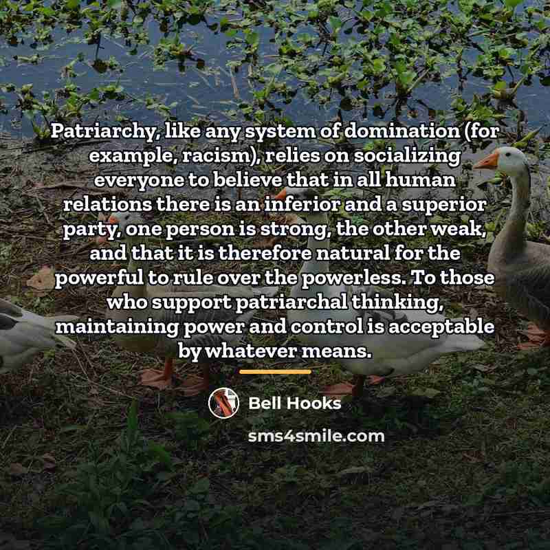 “Patriarchy, like any system of domination (for example, racism), relies…” quote by Bell Hooks