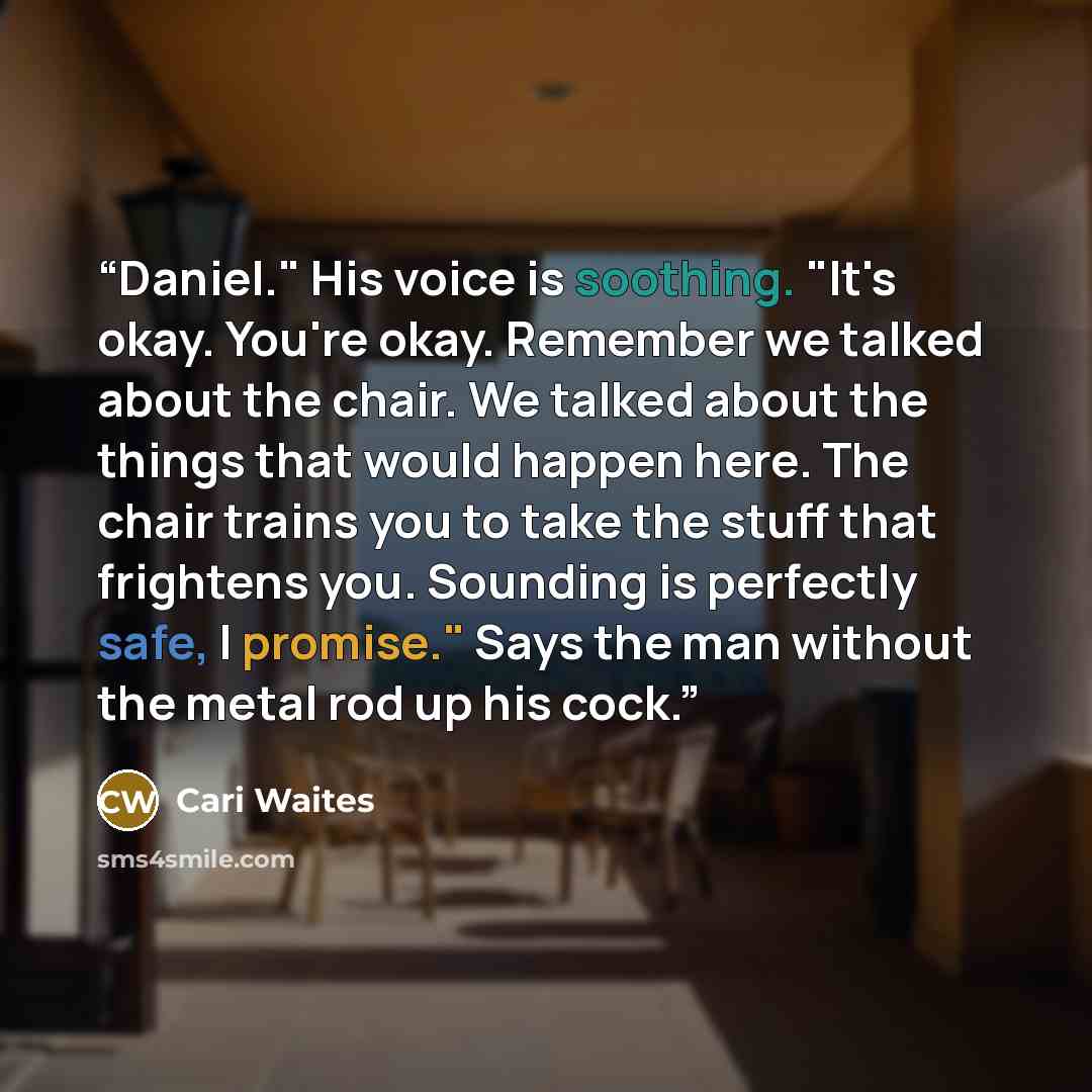 “Daniel." His voice is soothing. "It's okay. You're okay. Remember we talked about the chair. We talked about the things that would happen here. The chair trains you to take the stuff that frightens you. Sounding is perfectly safe, I promise." Says the man without the metal rod up his cock.” quote by Cari Waites