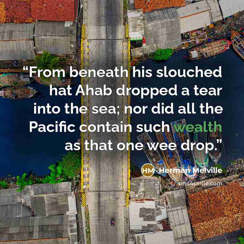 “From beneath his slouched hat Ahab dropped a tear into the sea; nor did all the Pacific contain such wealth as that one wee drop.” quote by Herman Melville