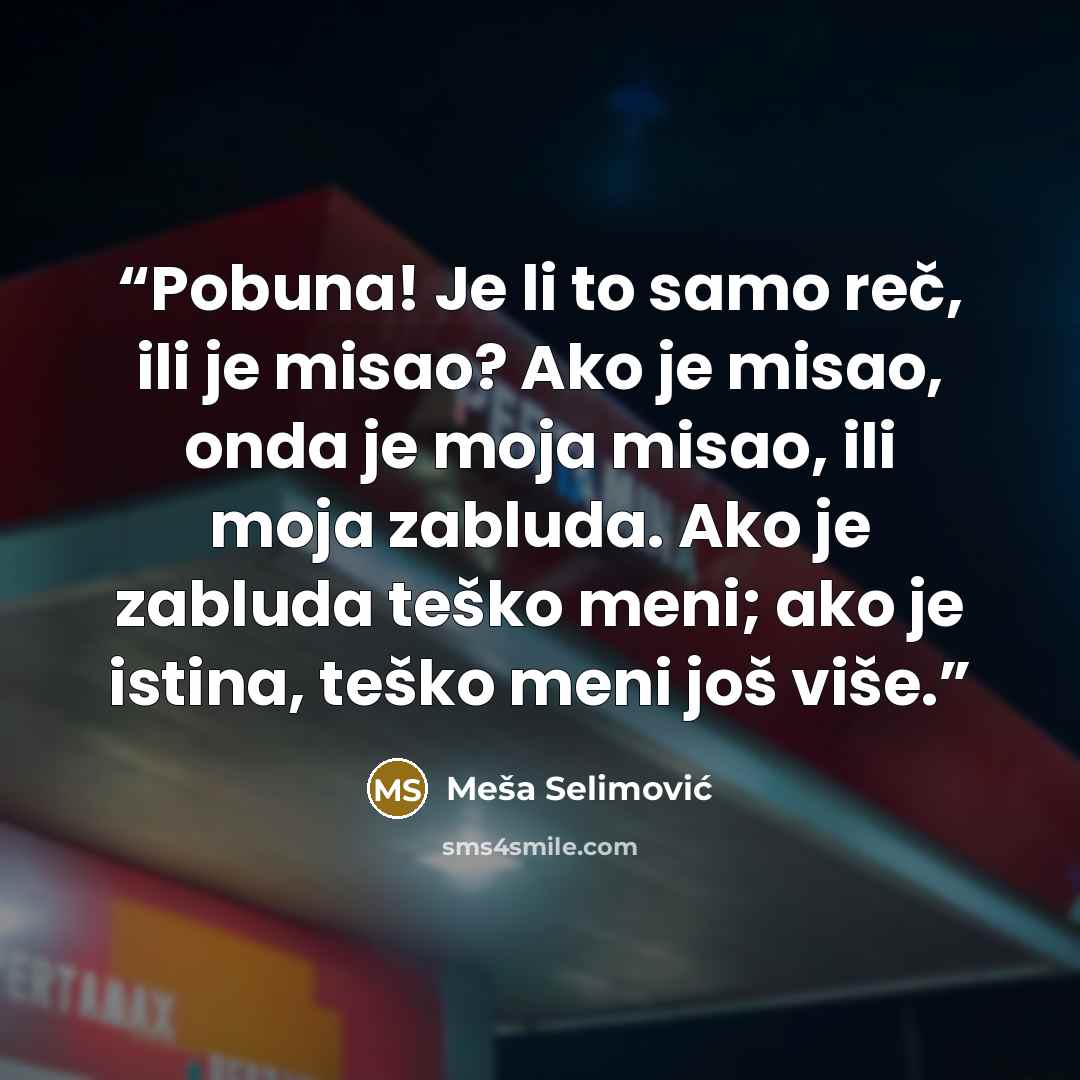 “Pobuna! Je li to samo reč, ili je misao? Ako je misao, onda je moja misao, ili moja zabluda. Ako je zabluda teško meni; ako je istina, teško meni još više.” quote by Meša Selimović