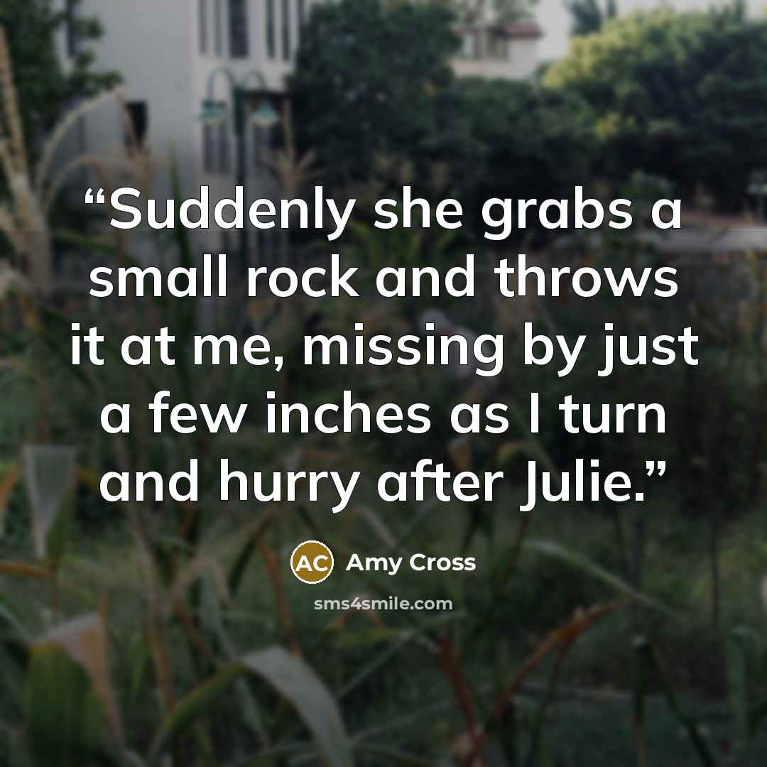 “Suddenly she grabs a small rock and throws it at me, missing by just a few inches as I turn and hurry after Julie.” quote by Amy Cross