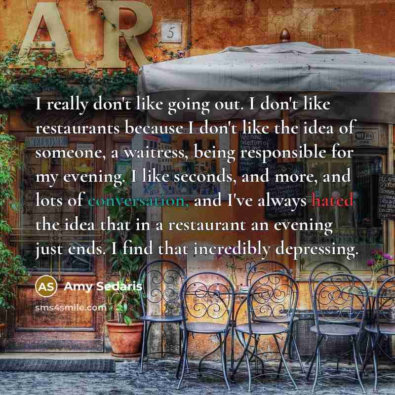 “I really don't like going out. I don't like restaurants…” quote by Amy Sedaris