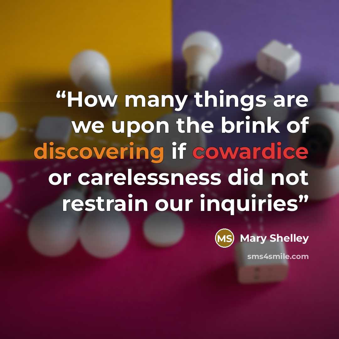 “How many things are we upon the brink of discovering if cowardice or carelessness did not restrain our inquiries” quote by Mary Shelley